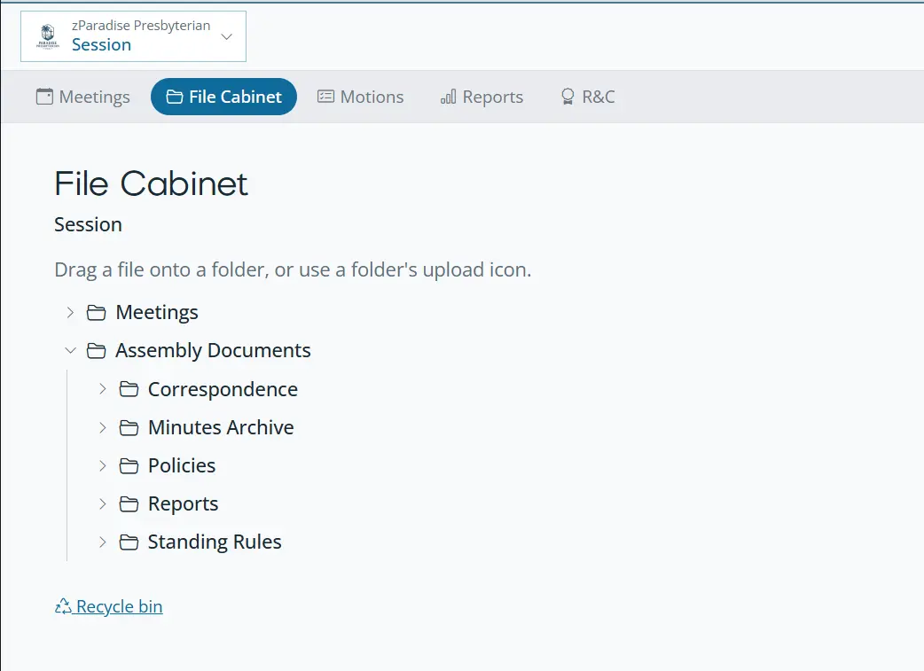 Orderly Meetings file cabinet with per-meeting and custom folders