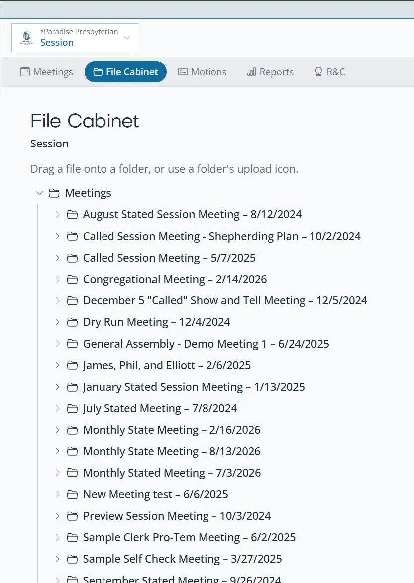 Orderly Meetings file cabinet with a folder per meeting