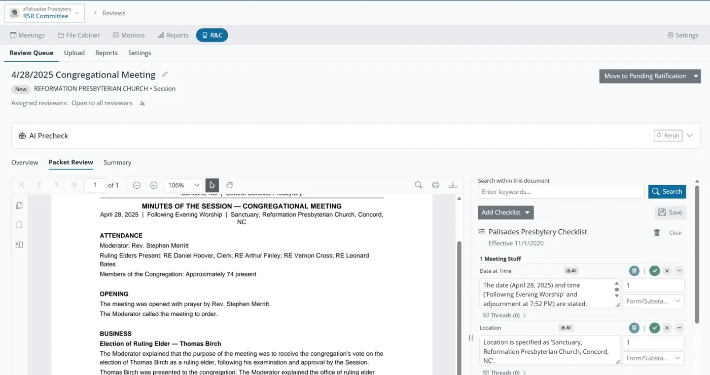 Orderly Meetings review packet with AI pre-check and findings