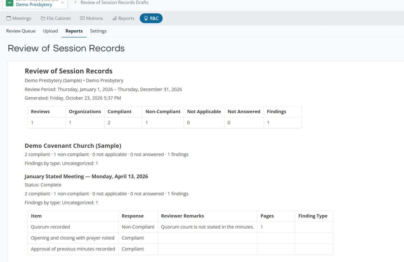 Orderly Meetings Review of Session Records report